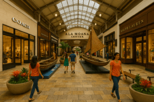 Shoppers under cover at Ala Moana Center in Waikiki.