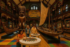 Exhibits inside the Bishop Museum, showcasing Hawaiian culture.