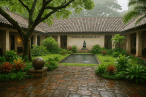 Interior courtyard of the Honolulu Museum of Art on a rainy day.