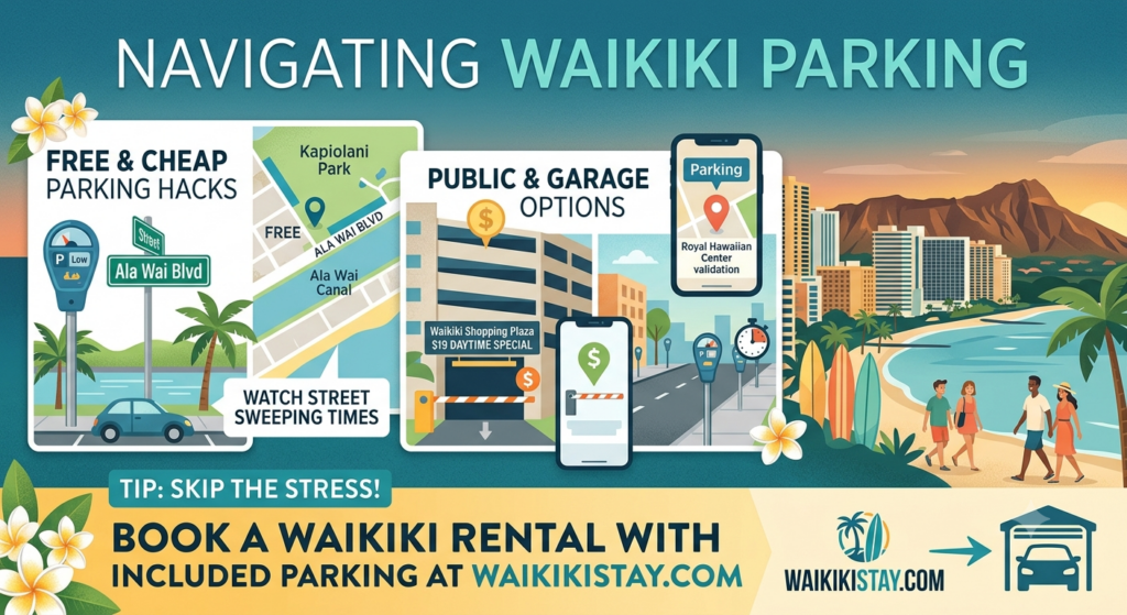 The image visually breaks down the parking options in Waikiki—from free street parking on Ala Wai Boulevard to public garages—while highlighting the convenience of booking through WaikikiStay.com to avoid the hassle.